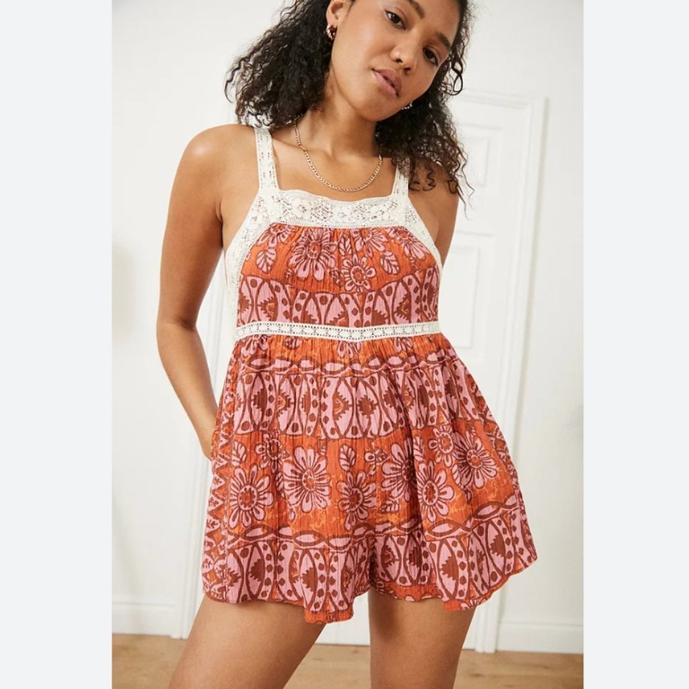 Urban Outfitters Orange & Pink Floral Crochet-Trim Romper